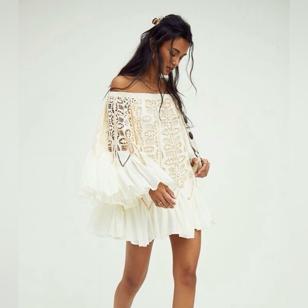 Free People Daisy Cutwork Cream Mini Dress - Off Shoulder Boho Dress - Size S